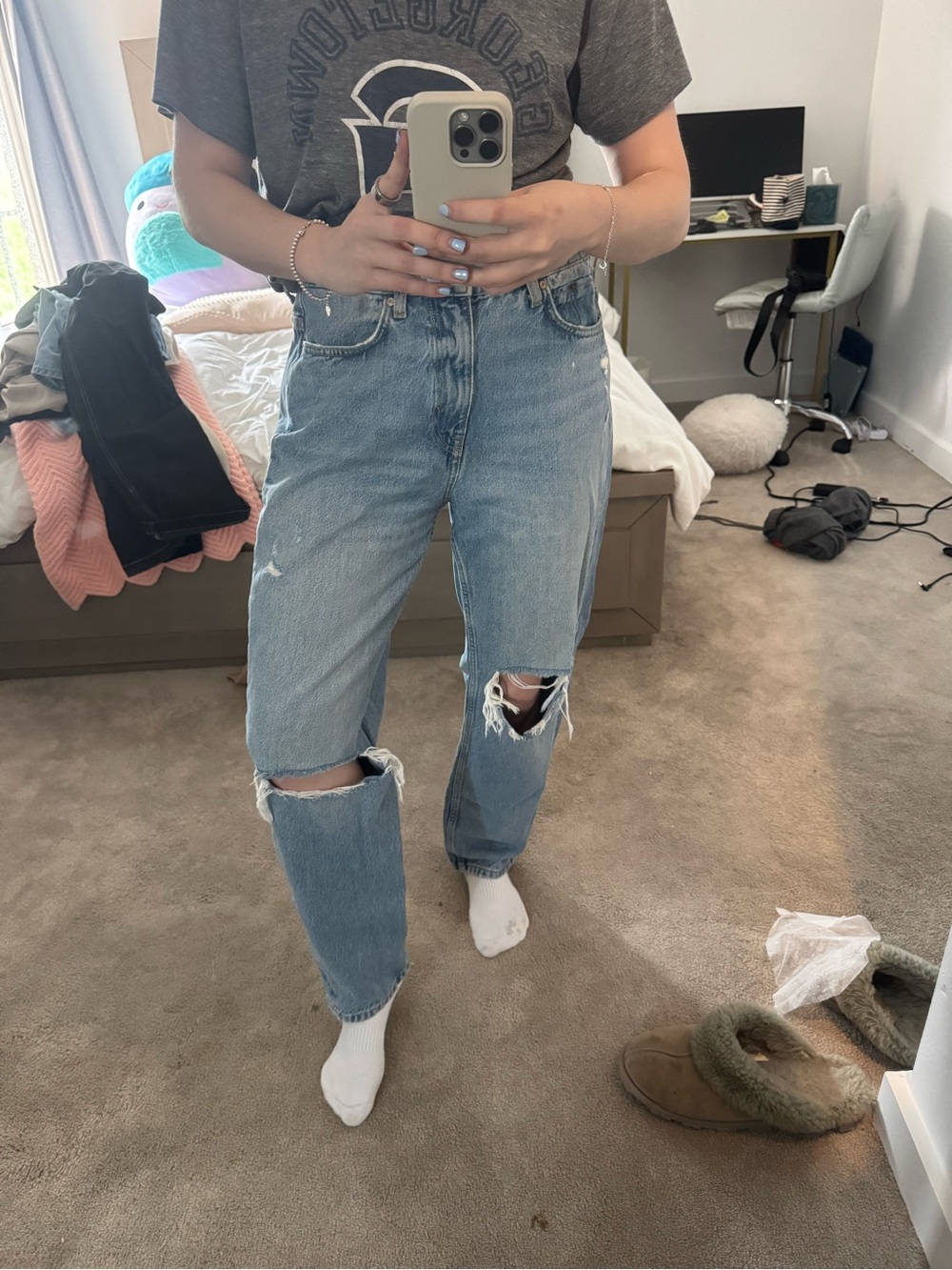 Zara Light Blue Distressed High-Waist Straight Jeans